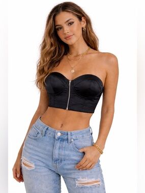 Black Satin Strapless Bustier Crop Top.. various sizes